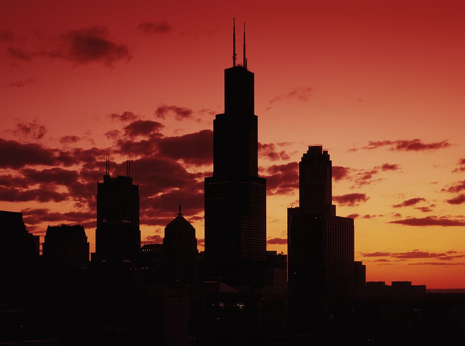 sunset, chicago, city, construction, architecture, urban, building exterior HD wallpaper