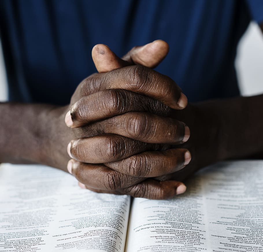 hand, hands folded, clasped, bible, page, book, literature