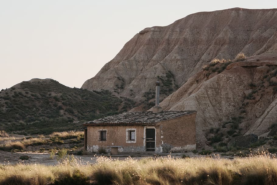 brown shed under mountain, sky, architecture, nature, scenics - nature HD wallpaper