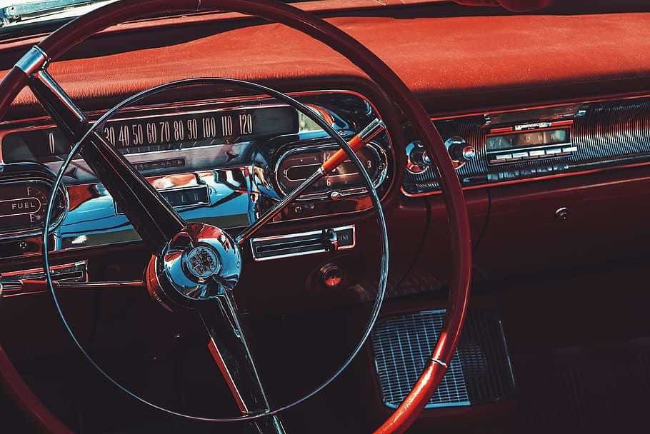 brown vehicle interior, transportation, steering wheel, vintage