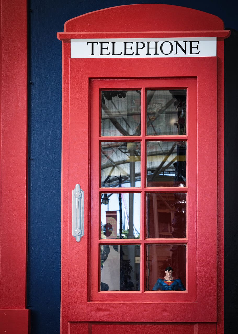 red telephone booth, text, communication, window, glass - material HD wallpaper