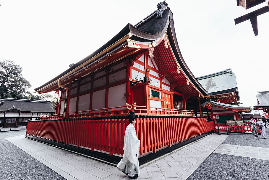 red and white house, architecture, building, temple, person, human HD wallpaper