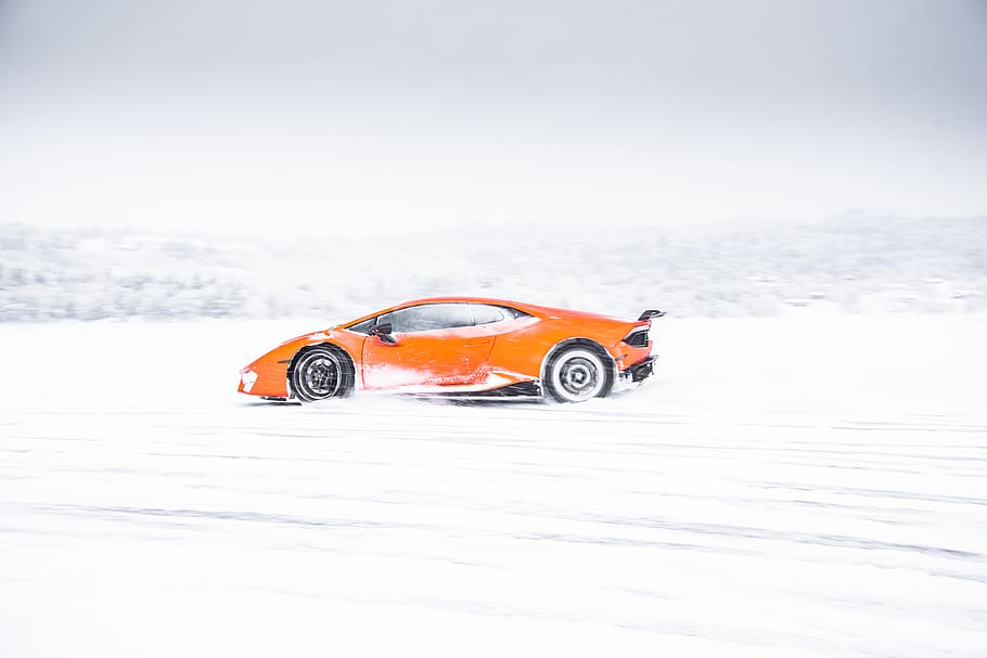 orange coupe, mode of transportation, snow, car, cold temperature HD wallpaper