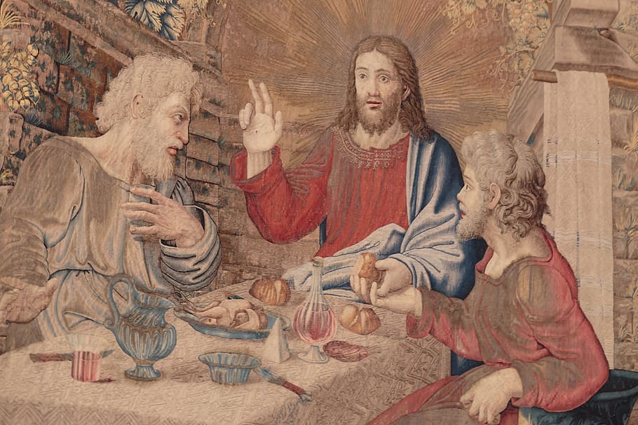 dinner, jesus, emmaus, eucharist, bread and wine, blessing