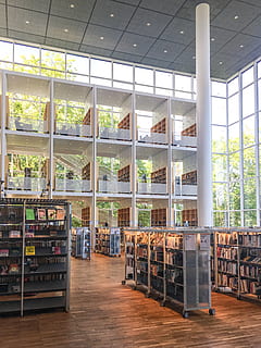 library building, shelf, indoors, sweden, malmö, malmö city library HD wallpaper