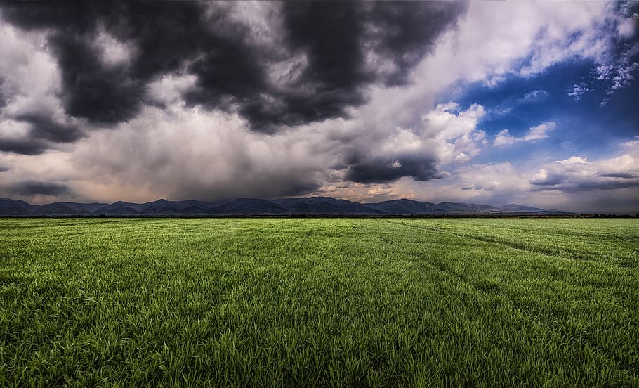 storm, mountain, grass, sky, cloud - sky, field, land, landscape HD wallpaper