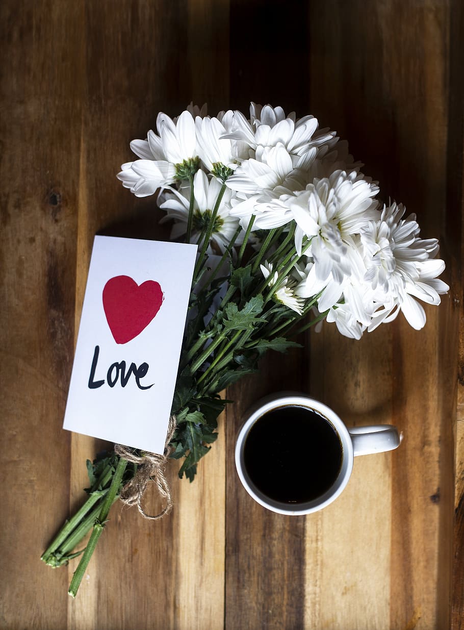 Morning Love Greeting Photo, Coffee, Flowers, Flatlay, Valentines Day