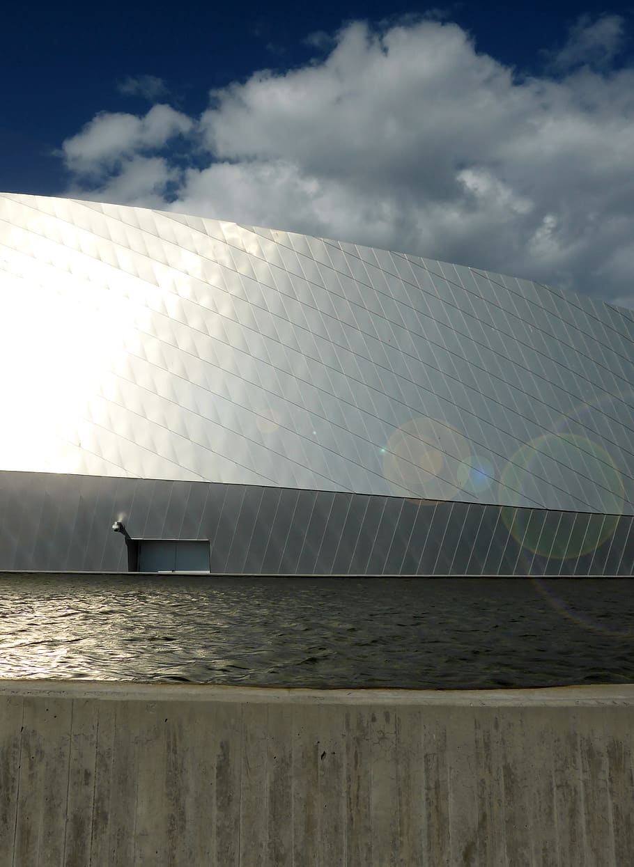 denmark, kastrup, sky, sea, museum, metal, sun, sunshine, water HD wallpaper