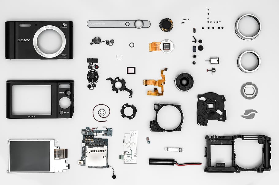 Black Camera Accessory Lot, buttons, circuits, close-up, components, HD wallpaper
