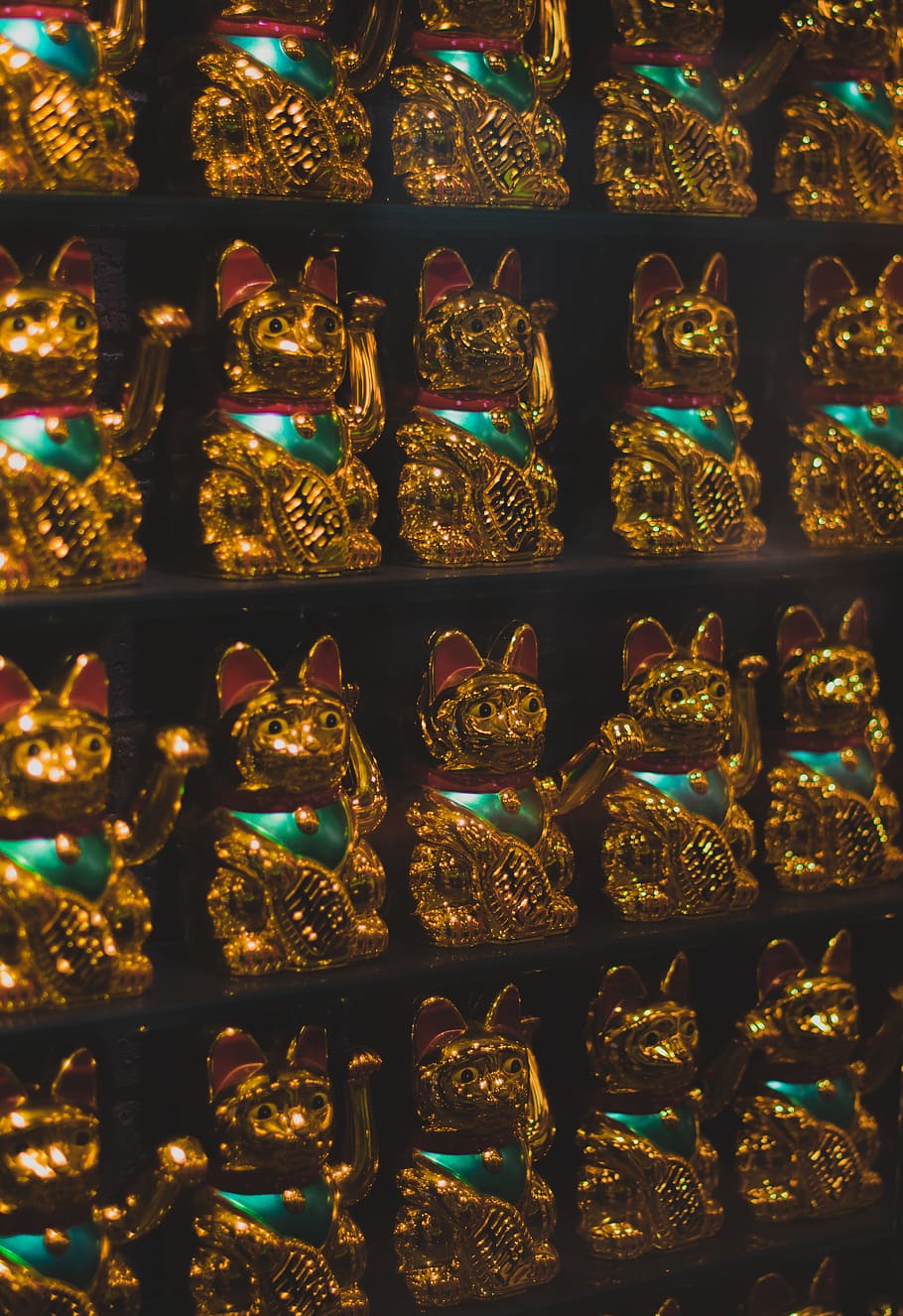 display of gold lucky cat figurines, australia, sydney, model