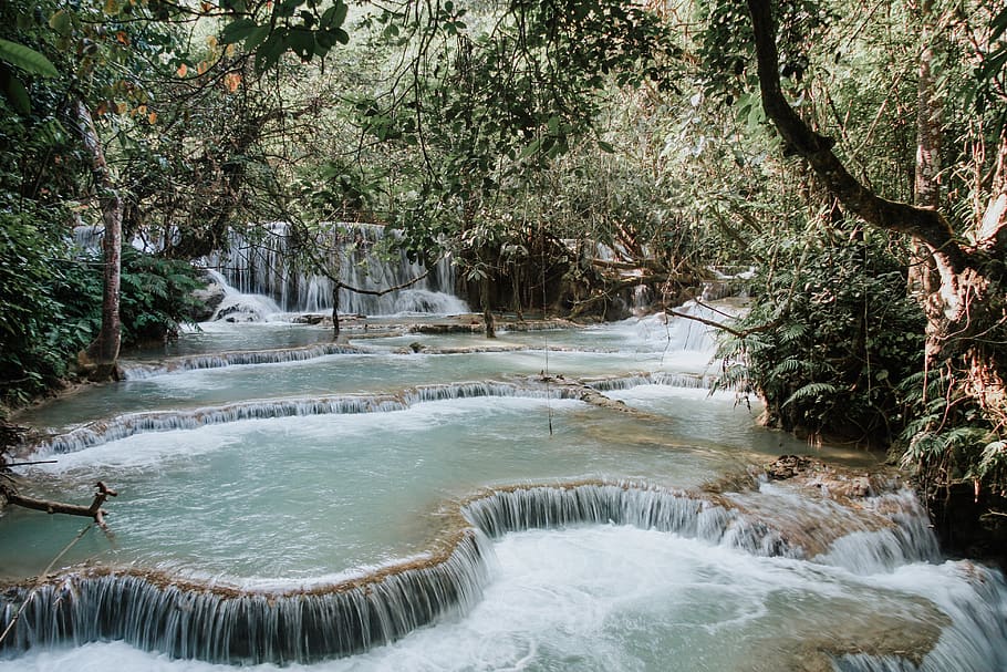 water stream with trees on sides, river, nature, outdoors, waterfall HD wallpaper