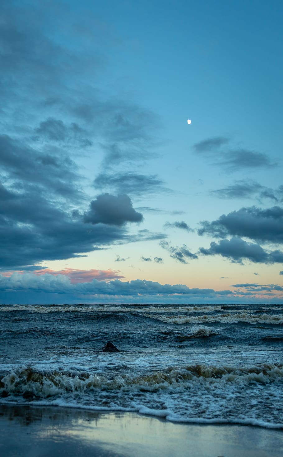 landscape, wave, sky, evening, wind, water, bay, clouds, moon HD wallpaper