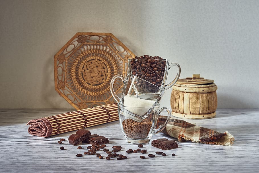 still life, composition, staging, coffee, cup, grains, sugar HD wallpaper