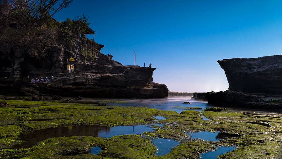 tanah lot, sky, mountain, sea, water, rock, rock formation