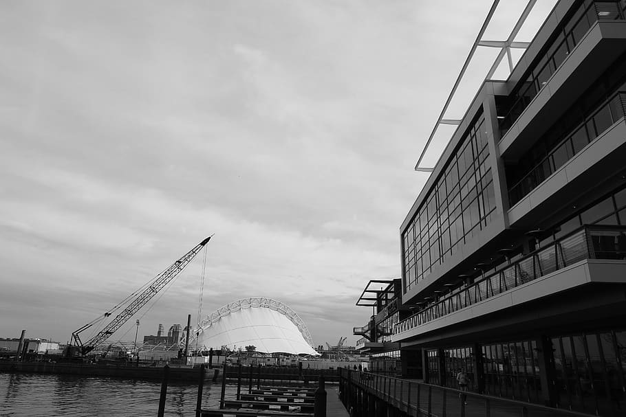 buildings, architecture, crane, water, port, harbor, docks HD wallpaper