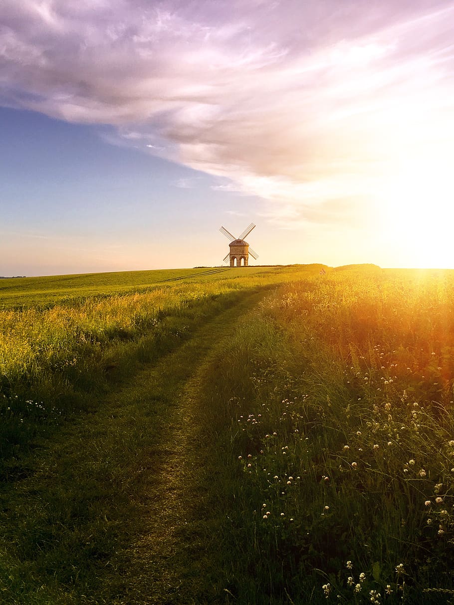 brown windmill on the field, dirt road, gravel, grassland, outdoors HD wallpaper