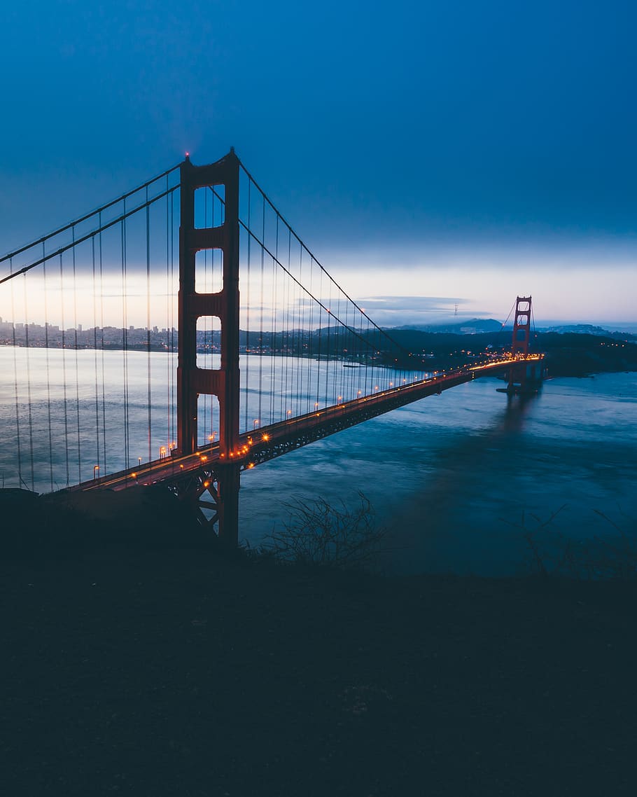 night, infrastructure, bridge, sea, ocean, water, blue, sky HD wallpaper