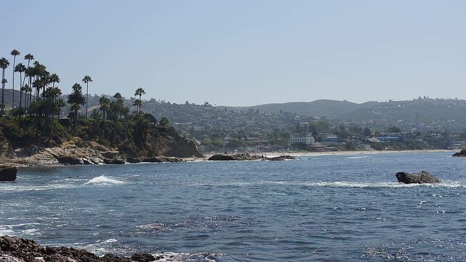rocks, pacific, sky, ocean, beach, sea, california, summer, HD wallpaper