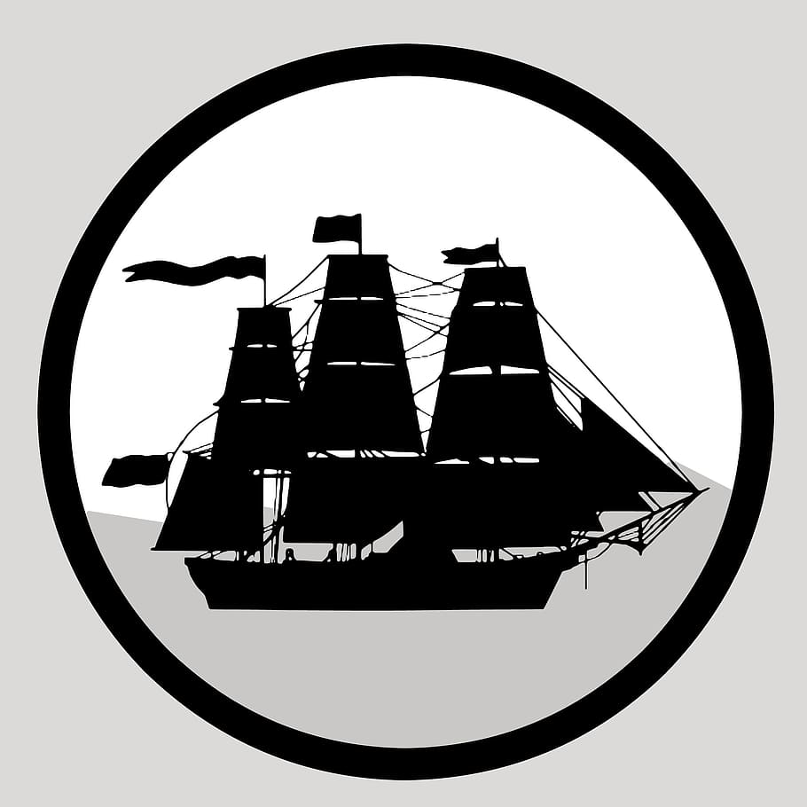 Circular illustration of sailing ship, icon, symbol, sailboat