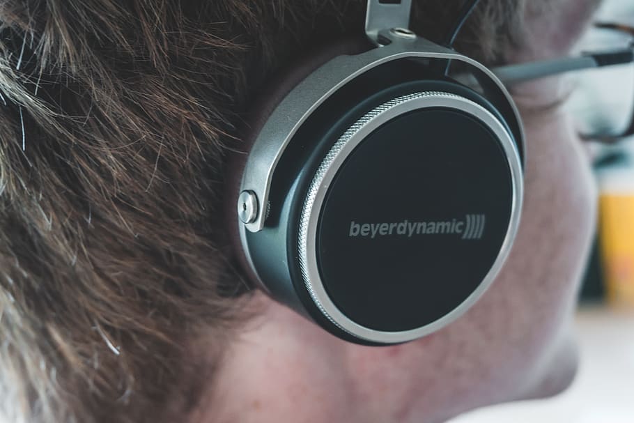 black and gray Beyerdynamic headphones, glasses, headset, electronics