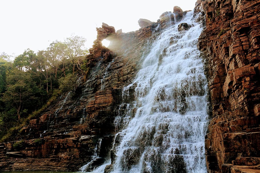 Waterfalls on Brown Rocky Mountain, beautiful, cascade, environment HD wallpaper