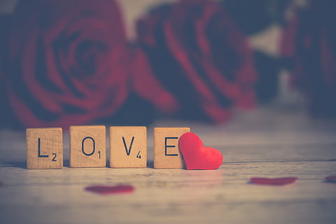 Close-up Photo of Wooden Scrabble Tiles Near Heart, background image HD wallpaper