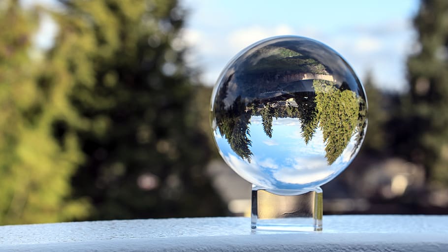 refraction, nature, view, blue sky, ball, landscape, clouds HD wallpaper