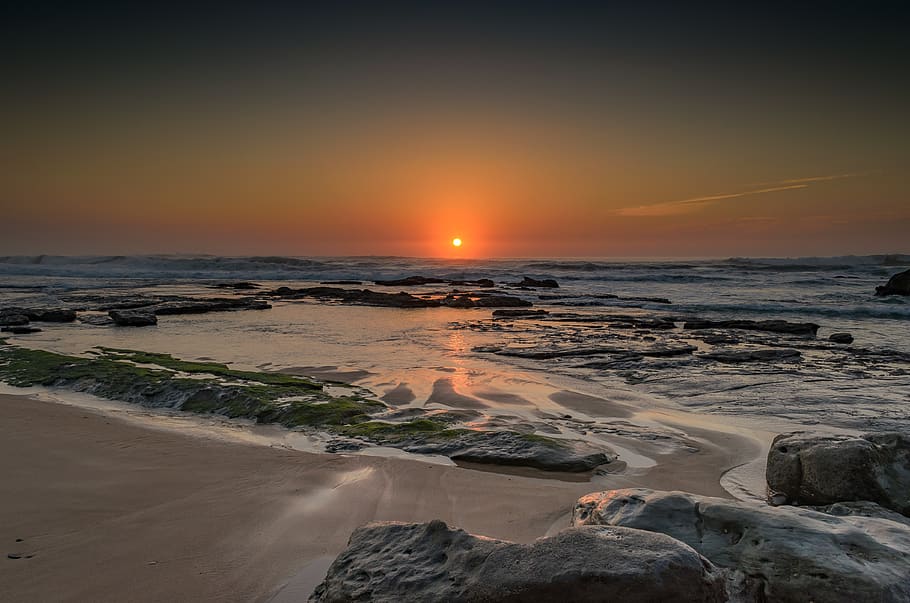 sunset, dusk, beach, sand, ocean, sea, water, waves, rocks HD wallpaper