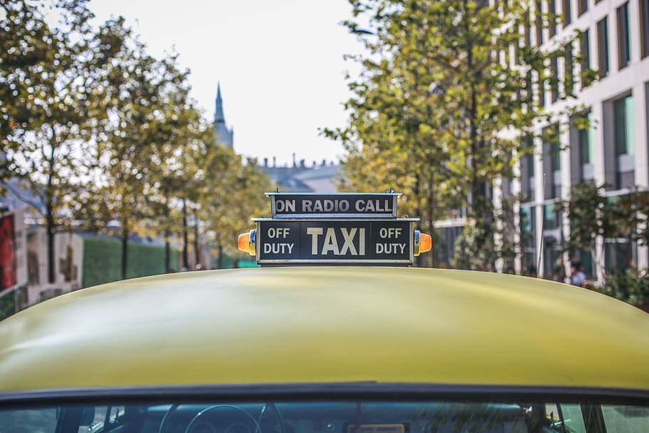 Yellow Taxi Car, architecture, buildings, cab, city, downtown HD wallpaper