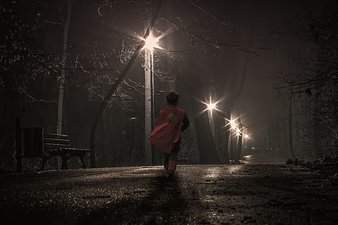 lamp post, brave, kid, child, boy, people, bravery, night, street HD wallpaper