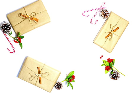 Three Beige Gift Boxes, bow, candy cane, christmas gift, colorful HD wallpaper
