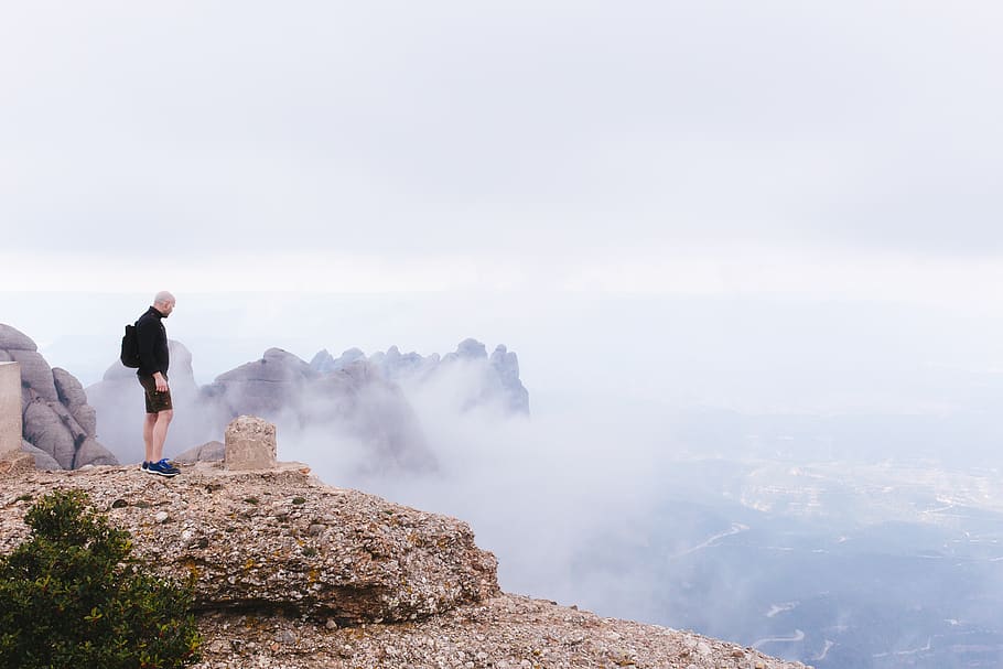 rocks, hill, cliff, landscape, mountain, outdoor, fog, clouds, HD wallpaper