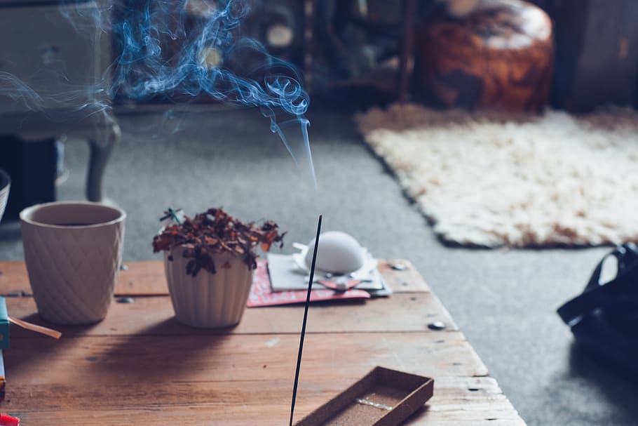 inscence, burn, burning, smoke, wood, table, food and drink HD wallpaper