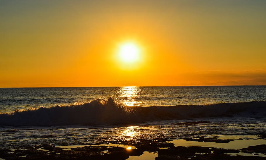 sunset, beach, nature, sky, dusk, mood, evening, horizon, reflections HD wallpaper