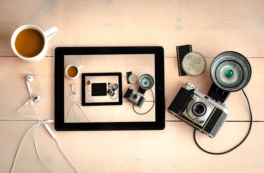 Gray Slr Camera and Black Tablet Computer, analog, art, coffee HD wallpaper