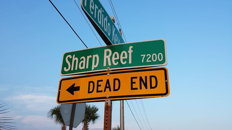 sharp, reef, dead, end, street, sign, perdido, road, sky, text HD wallpaper