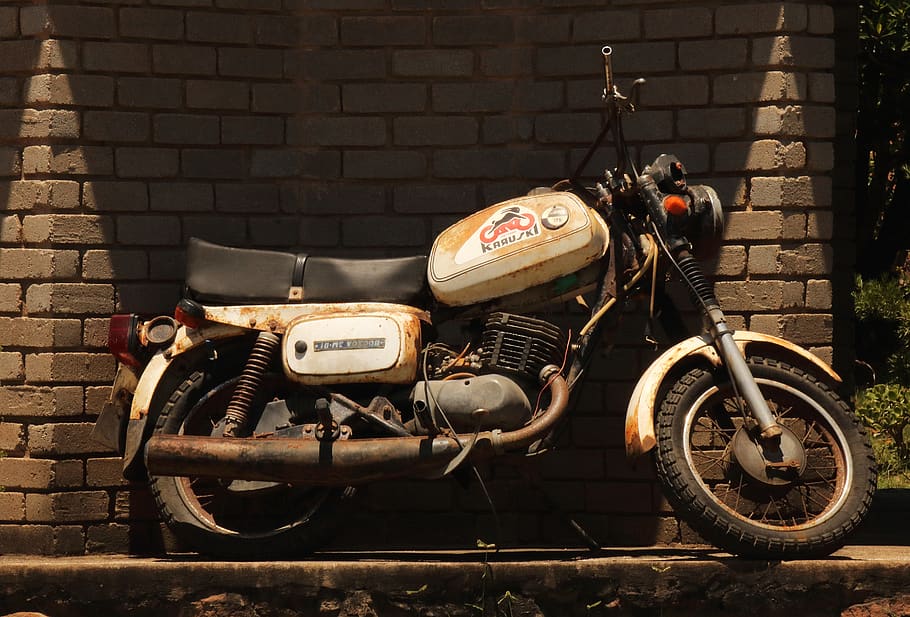 motor cycle, old, vintage, wall, display, brick wall, transportation, HD wallpaper