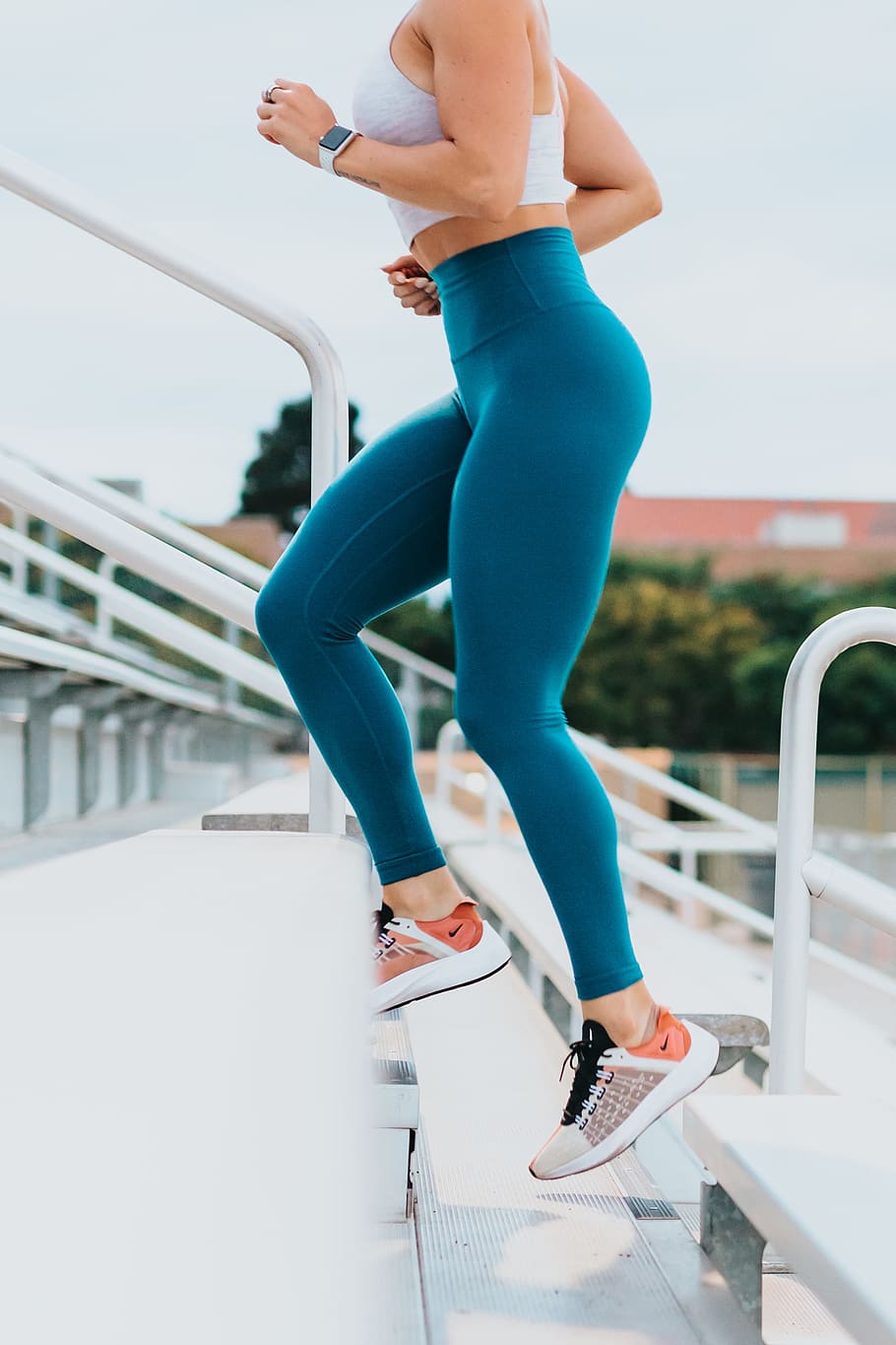woman running on stairs, female, legs, steps, bleachers, exercise, HD wallpaper