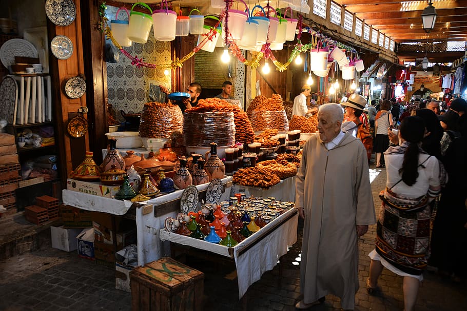 human, person, morocco, market, bread, food, fez, shop, tower