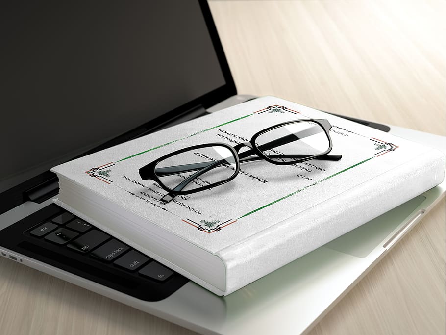 Black Frame Eyeglasses on White Book, laptop, technology, table HD wallpaper