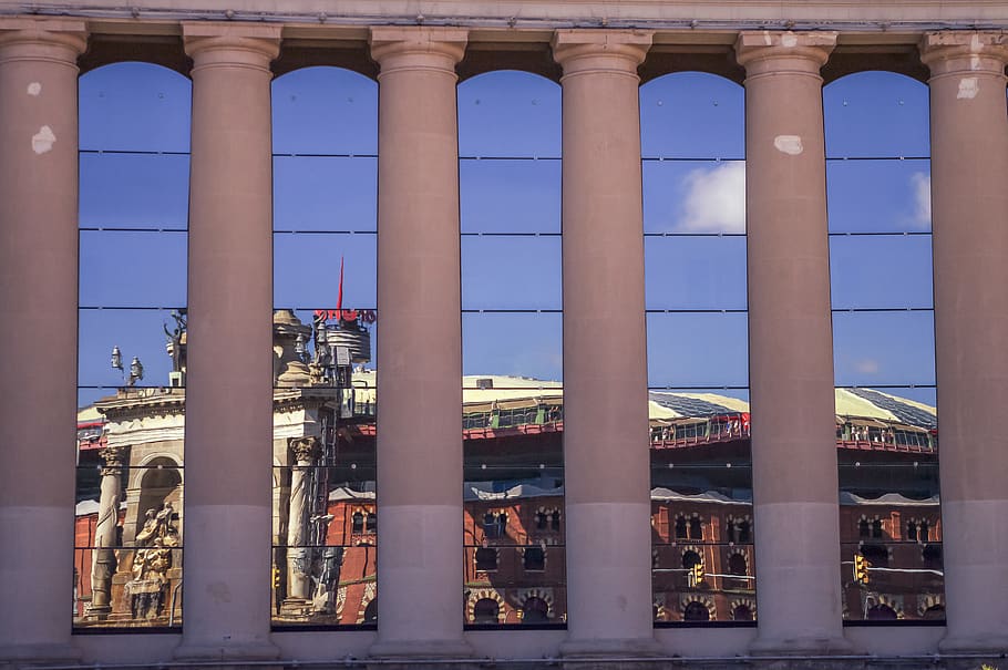 spain, barcelona, columns, reflections, architecture, built structure HD wallpaper