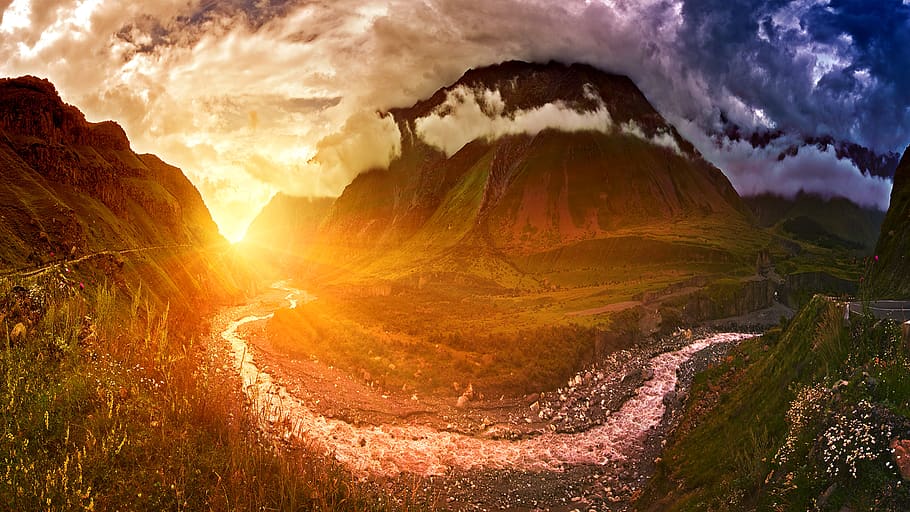 Sunset in Middle of Two Brown Mountains, clouds, dawn, landscape HD wallpaper
