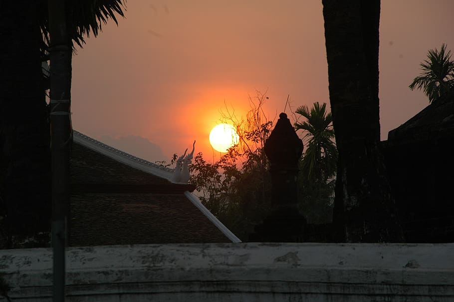 laos, luang prabang, tree, sunset, architecture, sky, built structure HD wallpaper
