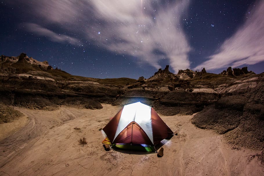 Brown and White Dome Tent at Nighttime, adventure, camping, clouds HD wallpaper