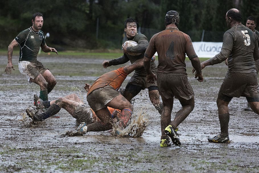 men's playing rugby, mud, running, sport, group of people, day HD wallpaper