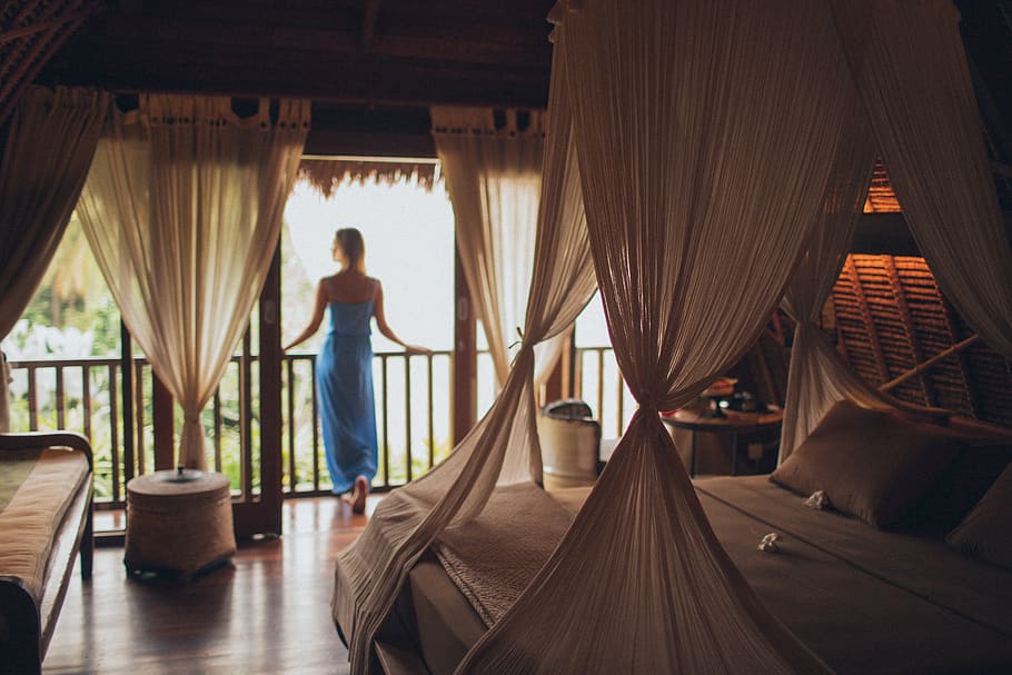 Woman Leaning on Handrail in Room, architecture, bed, brown, comfortable, HD wallpaper