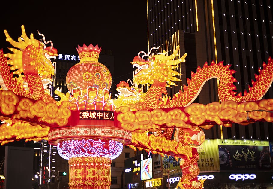 lighted dragon decors near building at nighttime, festival, crowd, HD wallpaper