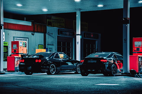 HD wallpaper: black muscle car, black Dodge Challenger near Neon Gas gas  station