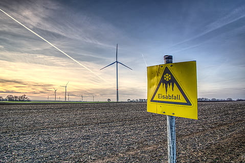 pinwheel, wind energy, warning, shield, icefall, note, sky HD wallpaper