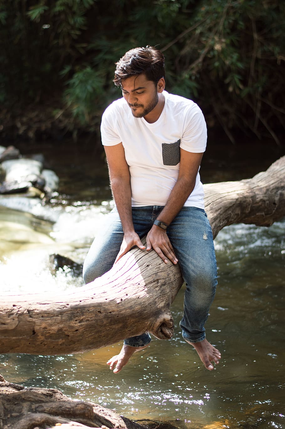 Man Sitting on Tree Branch, crossing, daylight, enjoyment, environment HD wallpaper